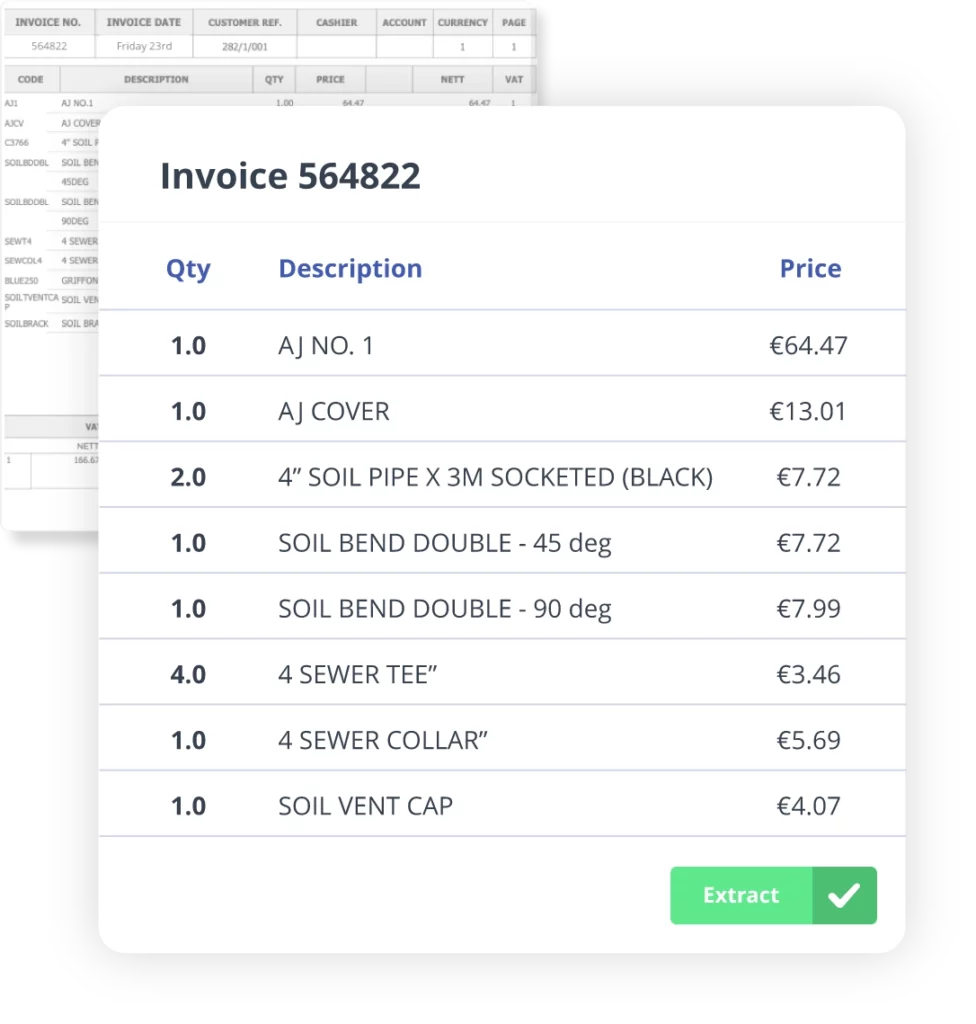 desktop product image of livecosts extracting e-invoice data from a construction invoice