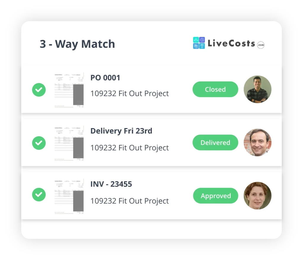 "Screenshot showcasing the 3-Way Match feature in construction invoice software by LiveCosts.com, highlighting seamless tracking of purchase orders, deliveries, and invoices for the 109232 Fit Out Project, with status updates such as 'Closed,' 'Delivered,' and 'Approved.''