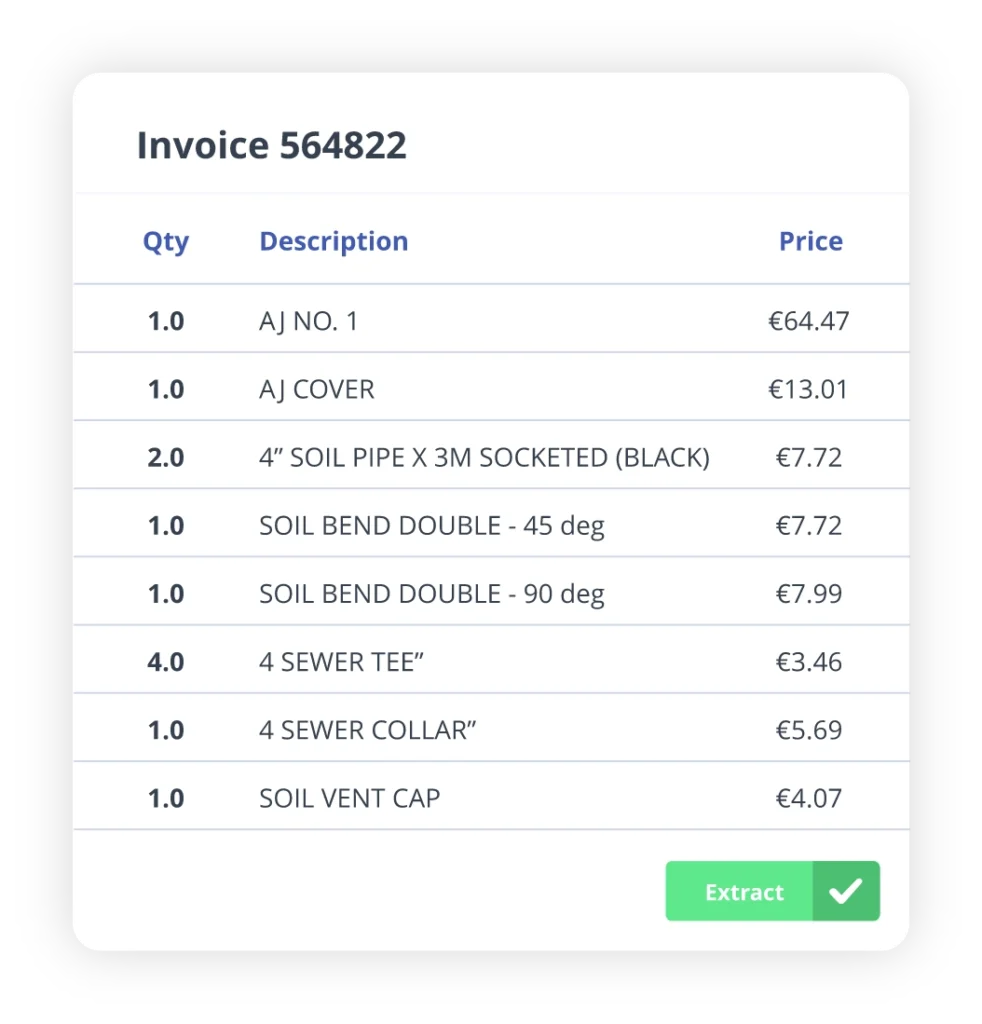 "Screenshot displaying an invoice breakdown within construction invoice software, showcasing itemized quantities, descriptions, and prices, enabling efficient cost tracking for construction projects."