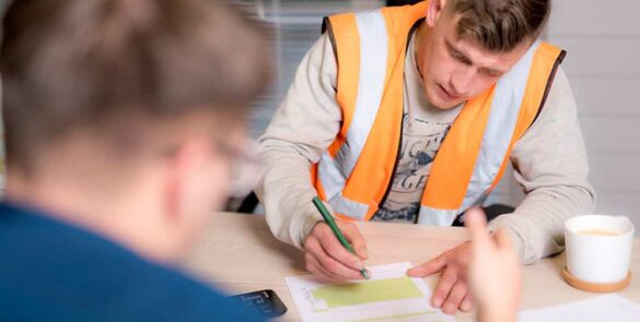 "Construction worker in a high-visibility vest reviewing and signing paperwork at a desk, with another person in the foreground and a cup of coffee nearby, illustrating collaboration or administrative tasks in construction."