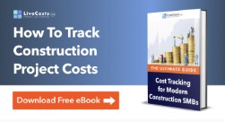 "Advertisement for LiveCosts eBook titled 'How to Track Construction Project Costs.' The image shows the eBook cover with the text 'Cost Tracking for Modern Construction SMBs' and a button labeled 'Download Free eBook.'"