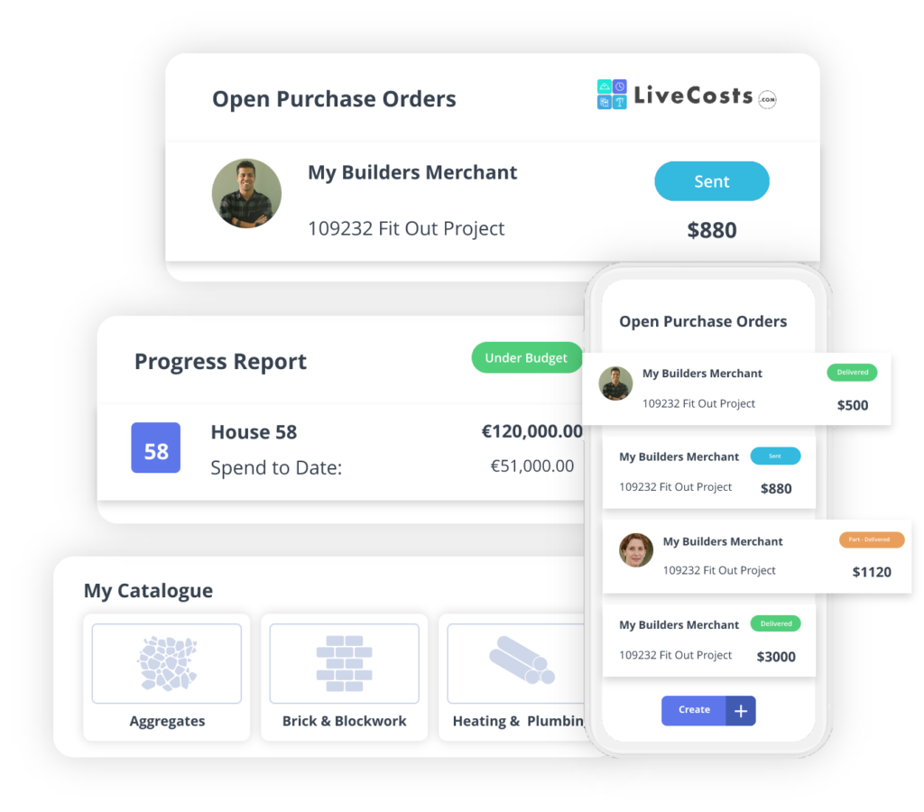 "Construction Purchase Order Software: Streamline project cost management with LiveCosts. Features include open purchase order tracking, detailed progress reports, and a comprehensive materials catalogue, ensuring projects stay under budget and on track. Accessible on both desktop and mobile for improved efficiency in managing construction costs and supplier communication."