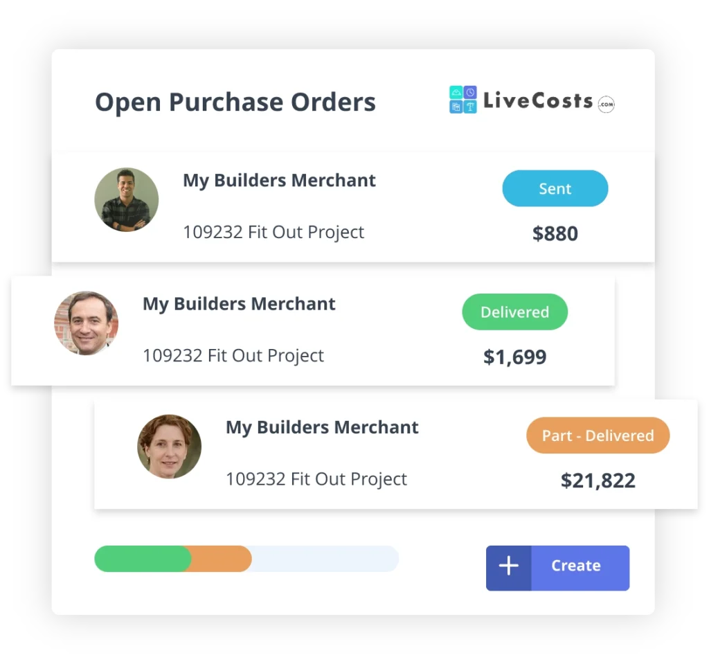 "Construction Purchase Order Software: LiveCosts interface showcasing open purchase orders with supplier details, delivery statuses (sent, delivered, part-delivered), and associated costs. An intuitive tool for tracking and managing construction expenses, streamlining purchase order workflows, and ensuring better financial control for construction projects."