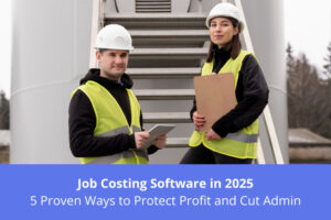 2 Construction professionals wearing hard hats and hi vis jackers. Job Costing Software